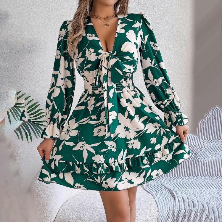 Autumn Winter Women Lace Up Print High Waist Long Sleeve Pleated Dress Elegant Fashion