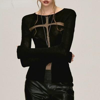 See Through Sexy Black Gothic Tshirts Y2k Aesthetic Cross Gauze Patchwork Women Tees Casual Grunge Harajuku T-shirt Femme