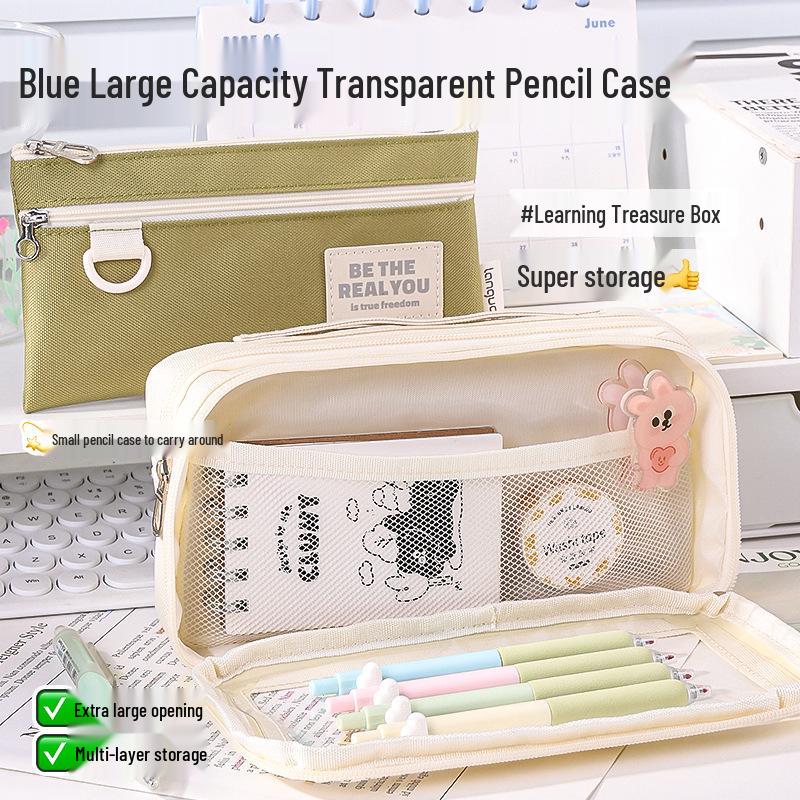 Large Capacity Blue Transparent Ita Pencil Case - Stylish and Functional for Students