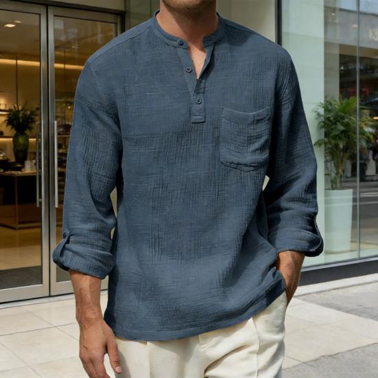 Chemise en Coton et Lin pour Homme à Manches Longues et Col Mao avec Poche sur la Poitrine Couleur Unie Chemise Décontractée de Vacances pour Voyage Été Plage Vacances Usage Quotidien