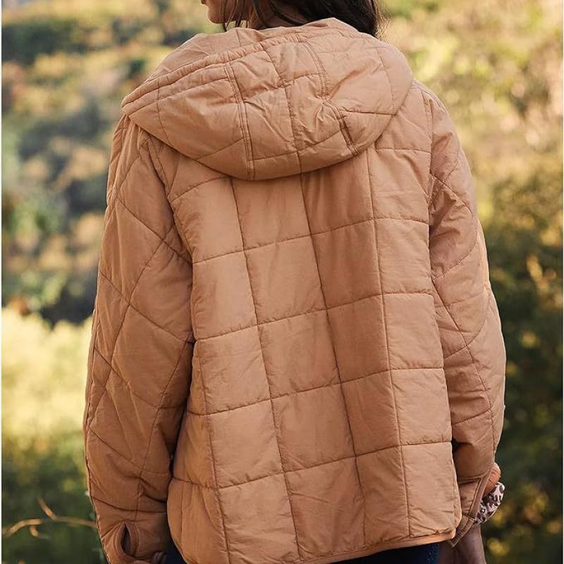 Women's Solid Color Long-sleeved Quilted Lightweight Loose Winter Warm Hooded Jacket