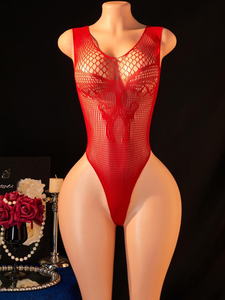 Women'S Sexy Lingerie Fishnet Hollow Out Bodysuit Sexy U Neck Floral Teddy Stretchy See Through Bodycon Club Party Date Wear