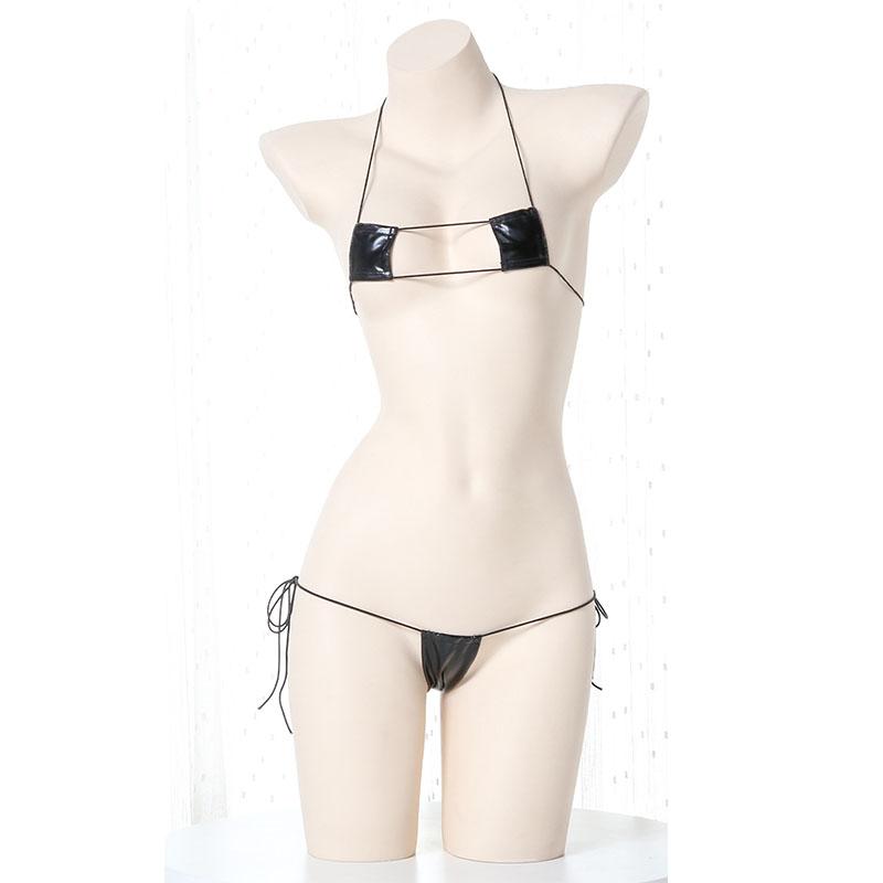 Sexy Micro Bikini Women Glossy PU Lingerie Erotic V-shaped Bodysuit Mini Underwear Cosplay Outfit