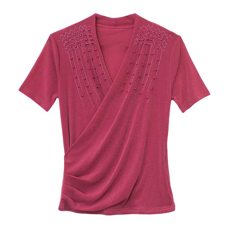 Streetwear Girl Summer Chic Beading Clothes Mesh T-Shirts Sexy V-neck Women's Tops New Casual Short Sleeve Tees