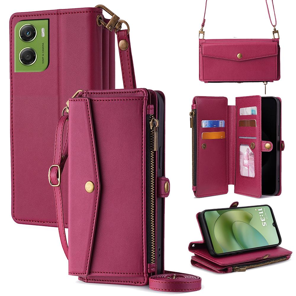 For Motorola Moto G06 4G Case Card Slots Zipper Purse PU Leather Phone Cover with Shoulder Strap