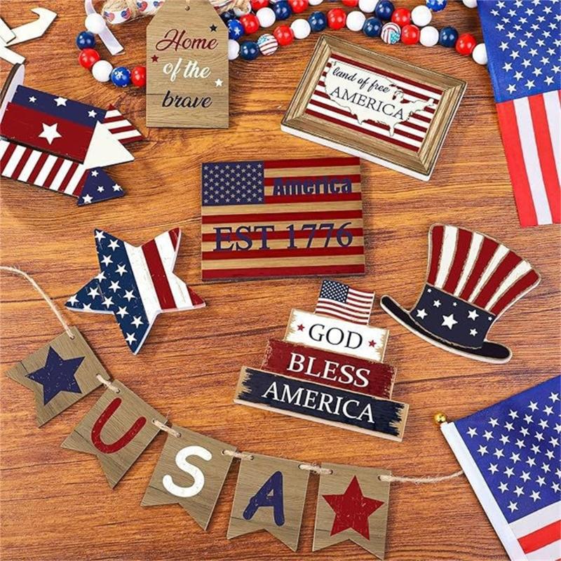Memorials Day Wooden Sign 4th of Julys Patriotics Tiered Tray Decors Set Gift
