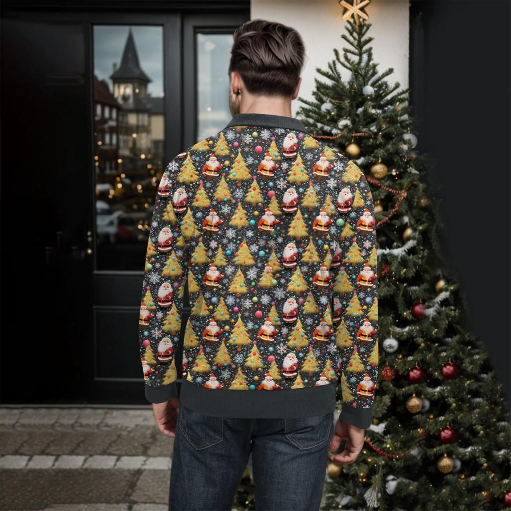 Men's Christmas Cotton Pullover Long Sleeve Outdoor Shirt Vintage Corduroy Button Stand Collar Shirt Casual Sweatshirt Christmas Print Top