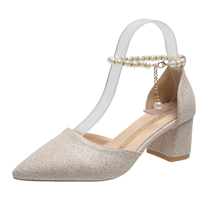 

Sexy fashion thick heel high heels 2025 summer new one-word with pearl bag head sandals women 39 шампанского