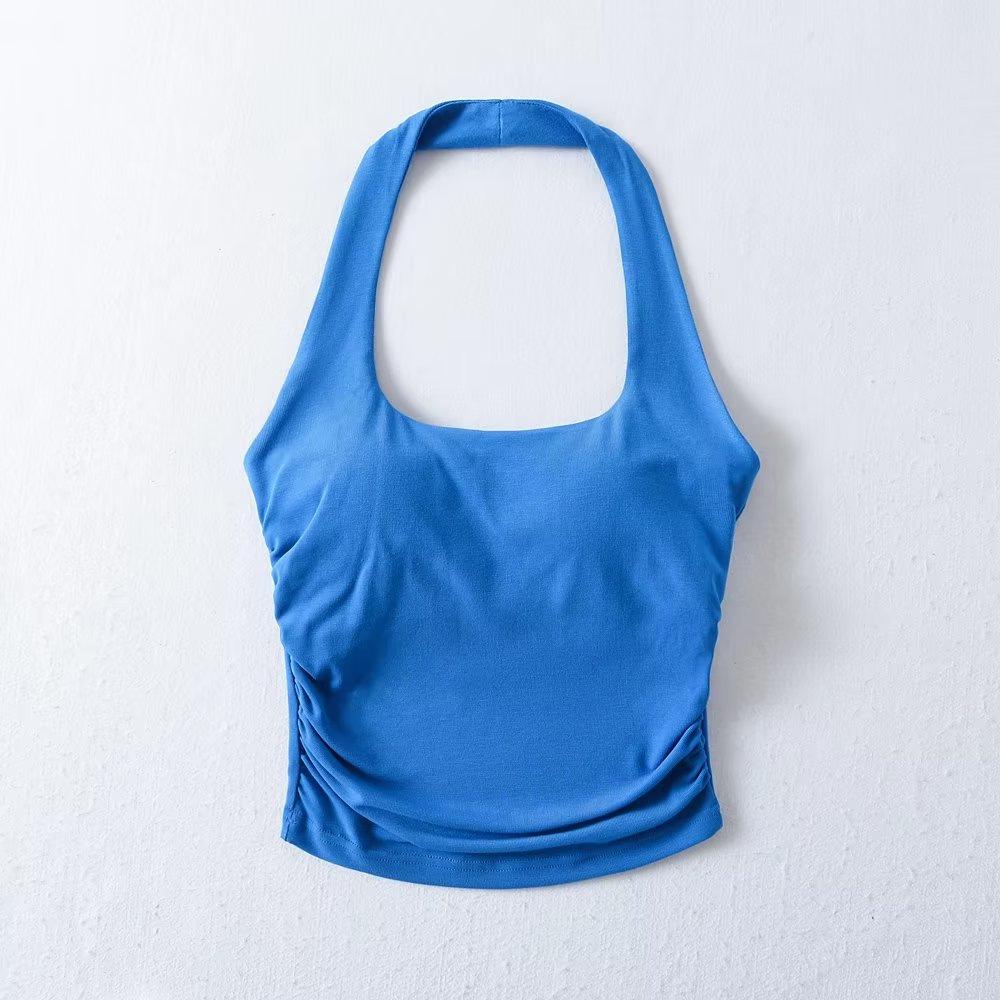 YPFF Stylish Women's Padded Halter Tank Top - Backless, Ruched, Waist-Slimming Crop Top