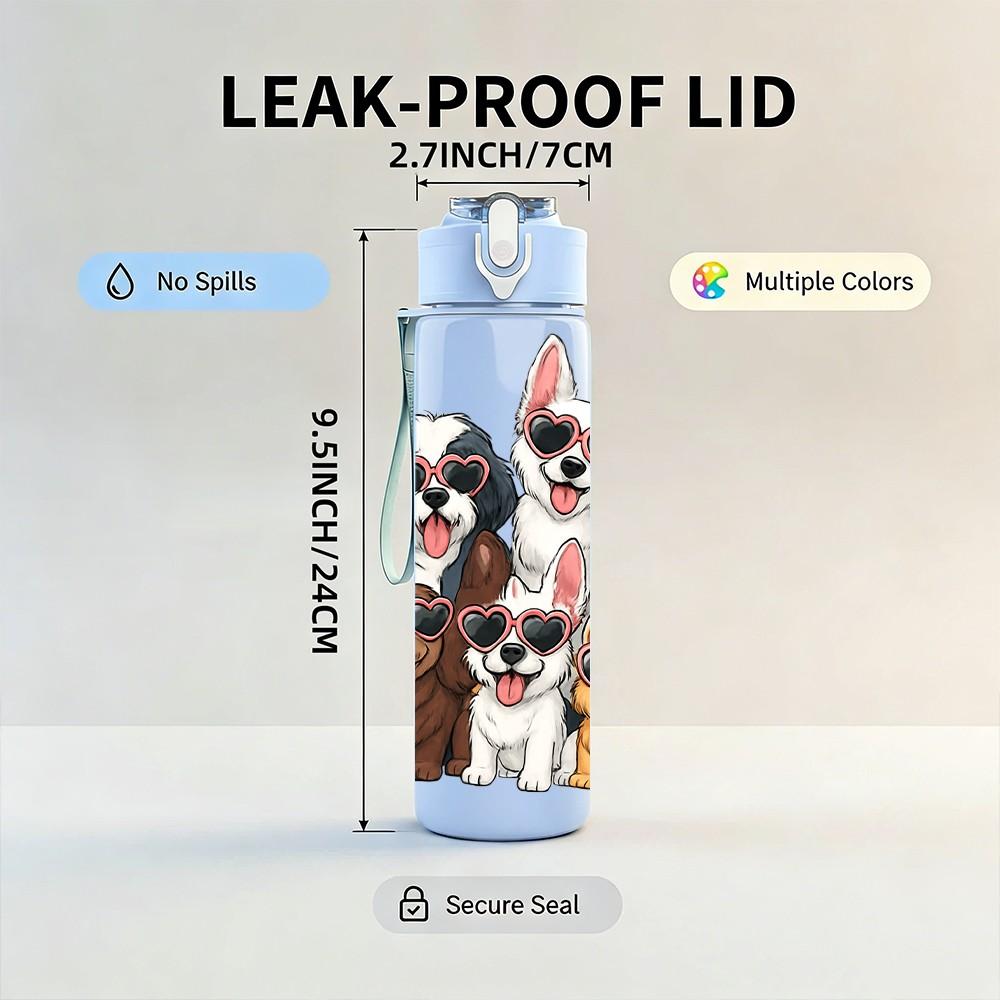 1PC Mixed Breed Dogs Family Heart Print 750ml Color Plastic Sports Water Bottle Leakproof Flip Straw Lid Suitable for Sports Office Home Use
