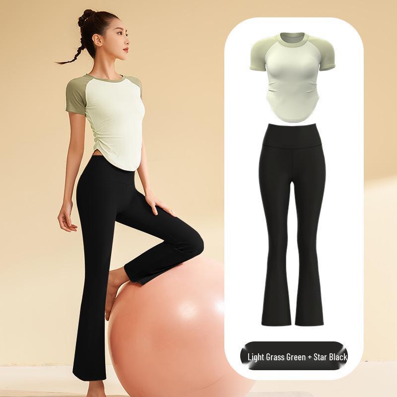 Damen Nude Feel Yoga Set: Schnelltrocknendes Kurzarm-Top & Lange Hose für Outdoor-Fitness