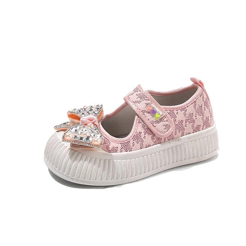 Girls' Hollowed-out Fabric shoes2026Spring and Summer Rhinestone Pearl Bow Cute Single Shoes for Children, College Style Casual Shoes