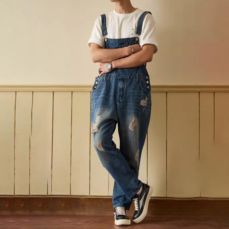 Salopette in Denim Lavato Vintage da Uomo – Salopette con Tasche e Effetto Usurato | Perfetta per Outfit Hip Hop, Skate o Casual