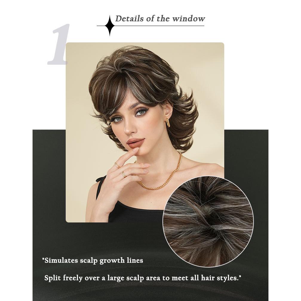 European American Pixie Short Wig for Women - 70s 80s Retro Style Gray Highlighted Short Hair, Summer Cool Synthetic Full Cap Wig, 2 Colors Available