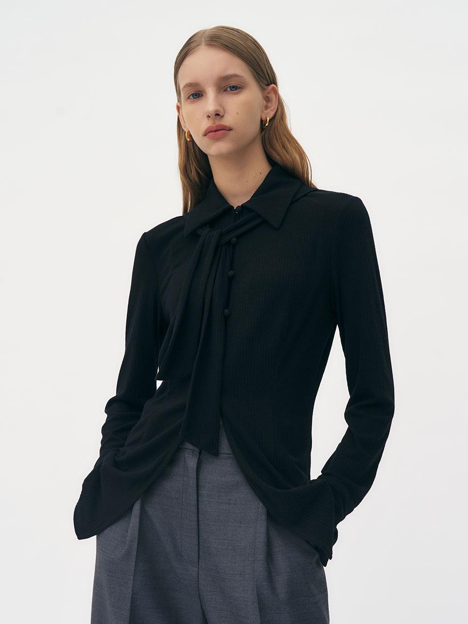 Ed Mang Scarf Tie Neck Jersey Blouse (Black) 1