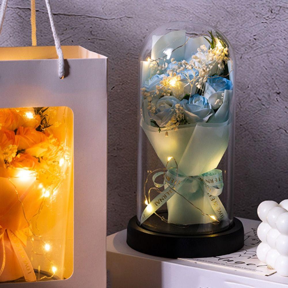 Acrylic Dome Rose Eternal Flowers LED Light Bouquet Decoration Starry Sky Bouquet Realistic Christmas New Year Simulation Flower