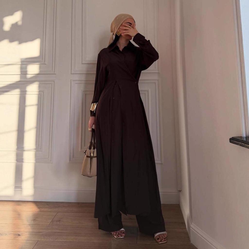 European and American Women's V-neck Tie-up Ruched Sleeve Shirt Jacket Dress Pants Set, 2025 Fashion Collection