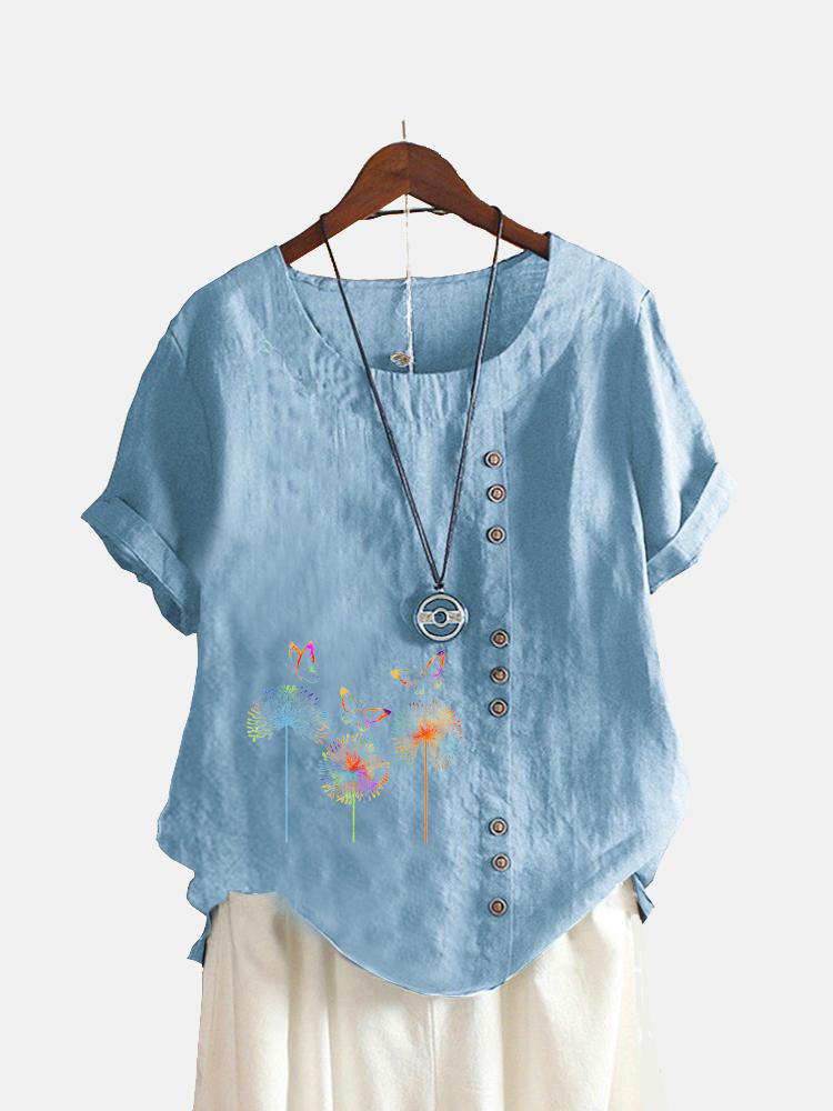 Women Fashion Round Collar Top Floral Print T-shirt Casual Short Sleeve Top Ladies Loose Blouse