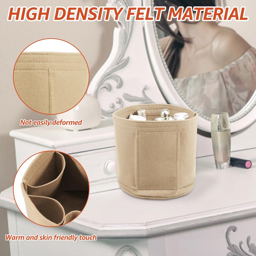 Round Bucket Makeup with 6 Compartment Liner Felt Women Travel Toiletry Cosmetic Bag Portable Bathroom Storage Handbag