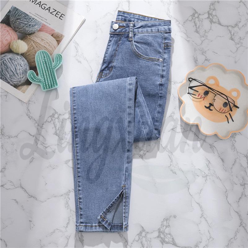 Women's Summer High Waist Light Blue Denim Jeans with Slit - Nine-Point Straight Leg Pants