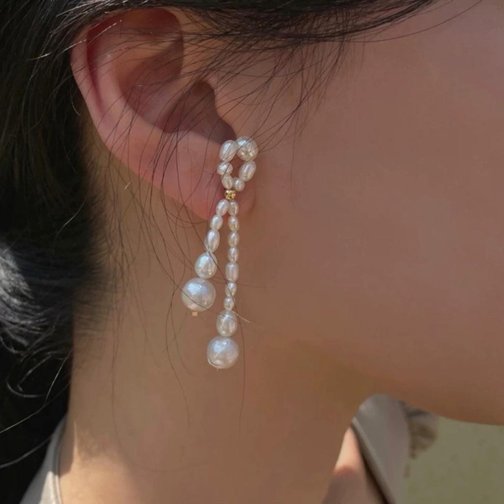 French Gentle 14k Gold Natural Baroque Pearl Earrings Niche Design Stud Earrings Silver Needle Bow