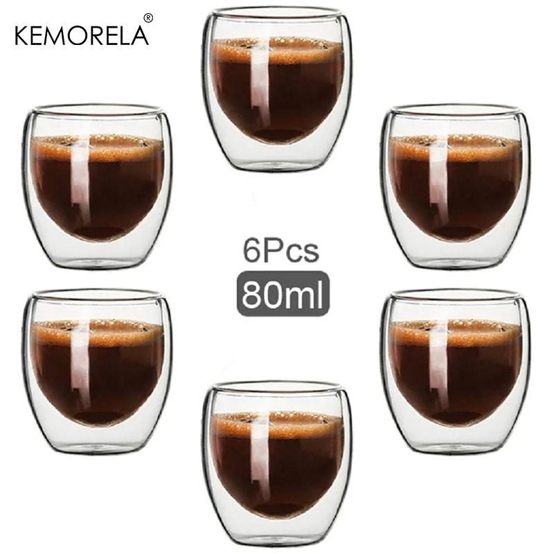 

6PCS 80ML/2.7OZ Set High Borosilicate Double-Layer Coffee Cups Creative Transparent Insulated Espresso Water Drink Glass Cups 80ml