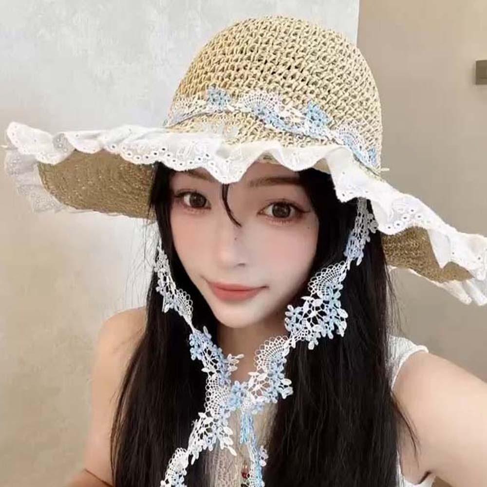 Breathable Vacation Beach Cap with Garland Woven Sun Cap Elegant Big Brimmed Straw Hat Women
