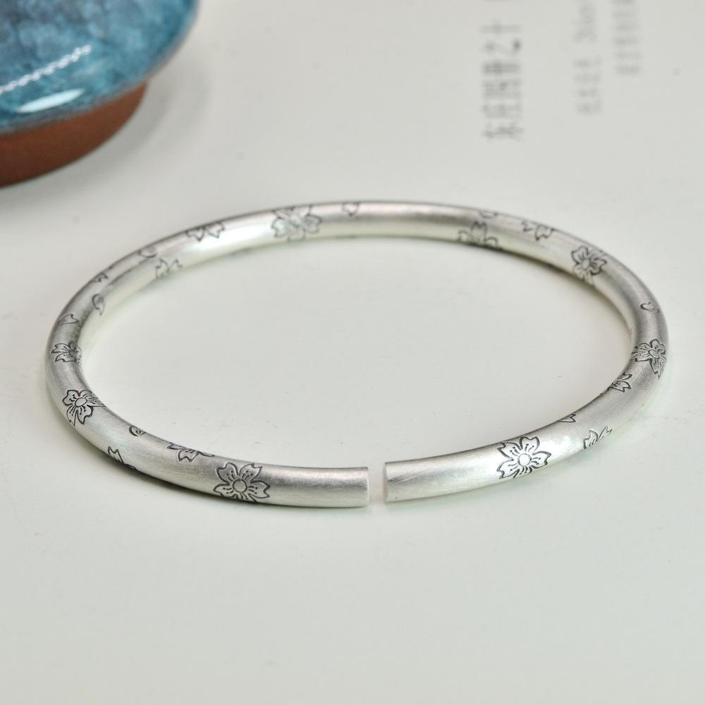 Zuyin 9999 Retro Mattiertes Kirschblüten-Armband Offen Reines Silber Schlichte Kunst Massiv Mutter Freundin Geschenk Armband