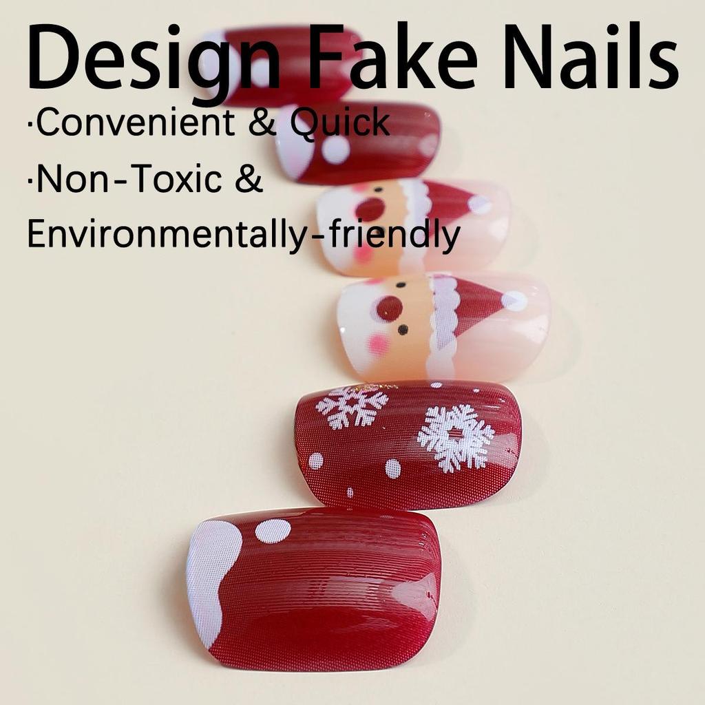 Cross-Border Christmas Nail Art: Cute Santa Claus & Snowflake Press-On Nails, Short Square Tips.