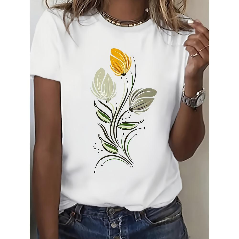 Women s Abstract Flower Pattern T-shirt Round Neck Short Sleeve 2XS
