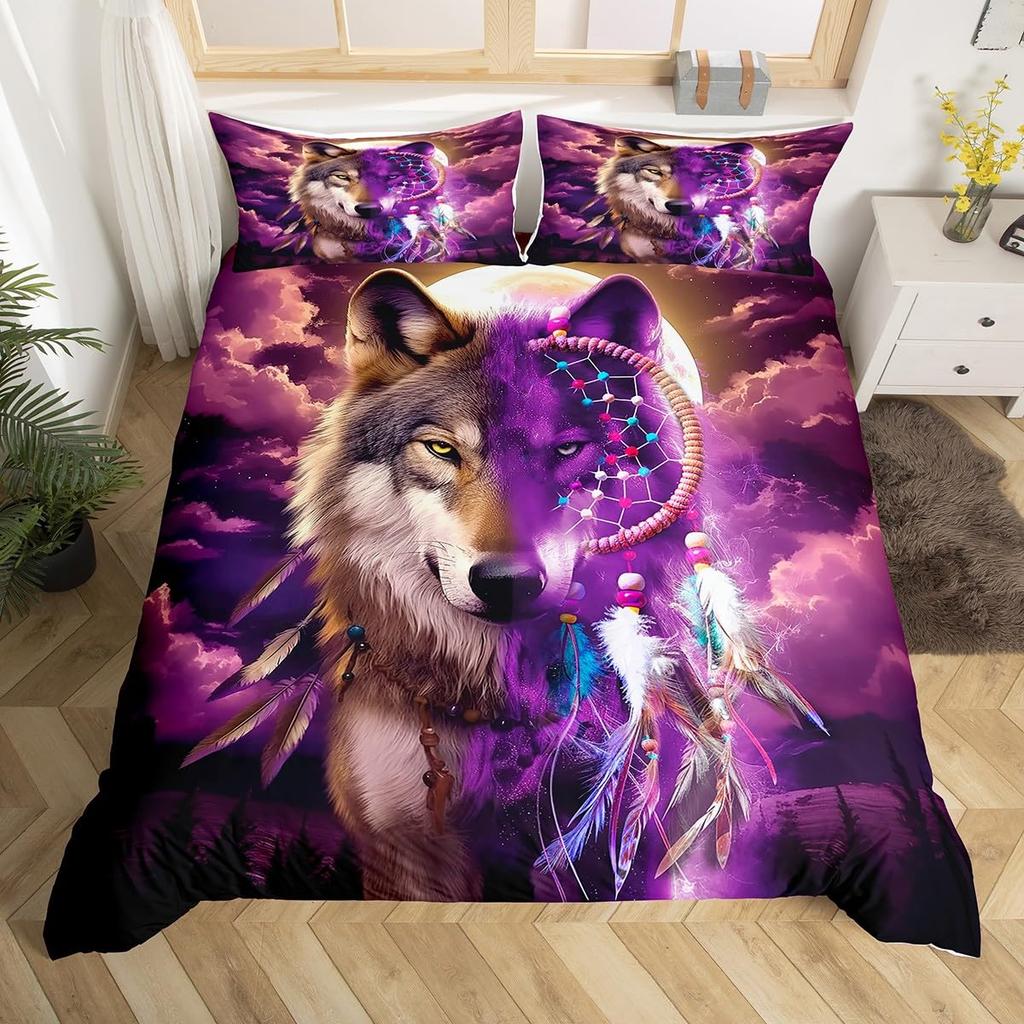 Kids Wolf Comforter Cover Full Queen Size Botanical Floral Bedding Set Wild Animal Duvet Cover Plant Flower Bedspread Cover