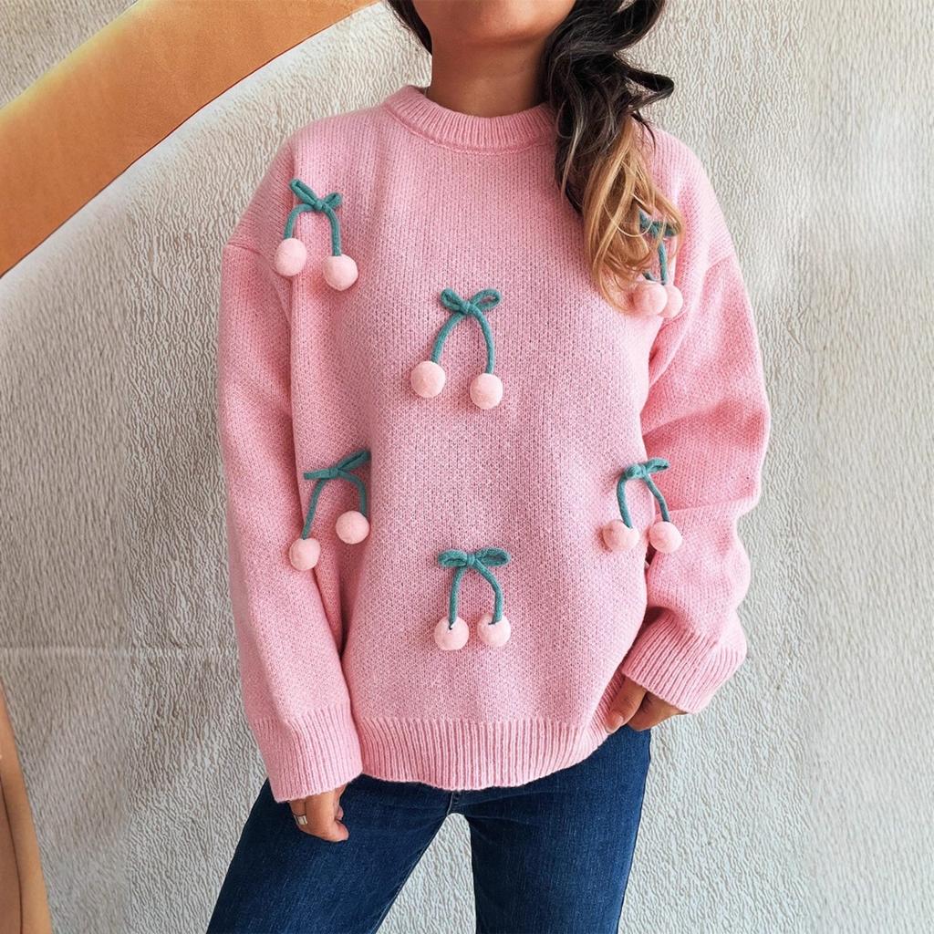 Women's Solid Color Knitted Pullover Sweater With Round Neck Splicing And Three-dimensional  Sweater