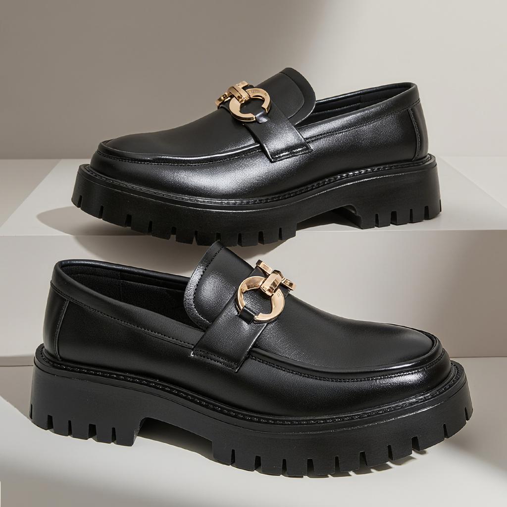 Fashi Classic Thick Sole Men's Penny Loafers Slip-On Business Dress Shoes for Gentleman Metal Buckle Formal Black Glossy Shoes