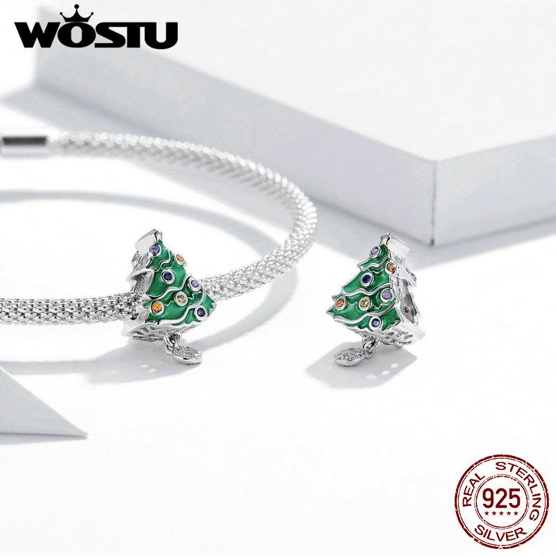 WOSTU 100% 925 Sterling Silver Christmas Tree Bead CZ Santa Claus Charm Snowman Pendant DIY Bracelet Necklace Original Jewelry
