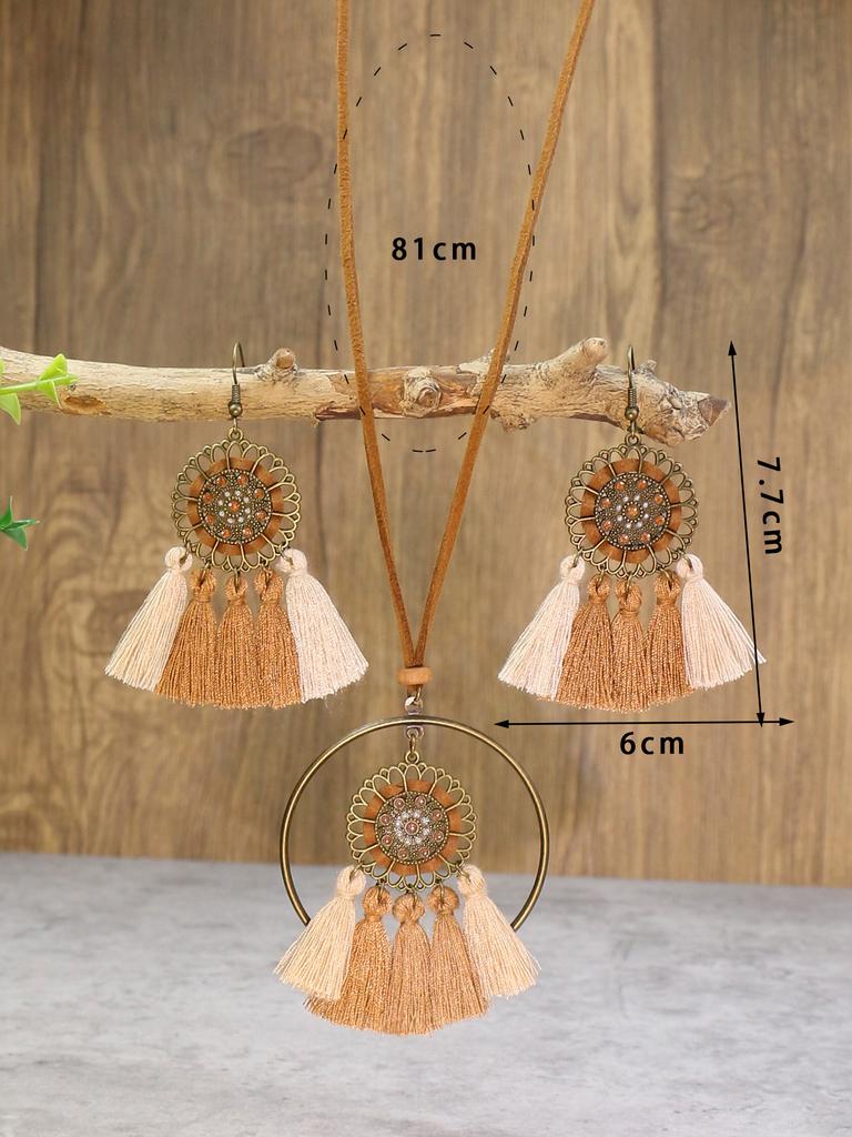 Bohemian retro ethnic style warm color scheme paired with pendants, tassels, earrings, necklace set for women