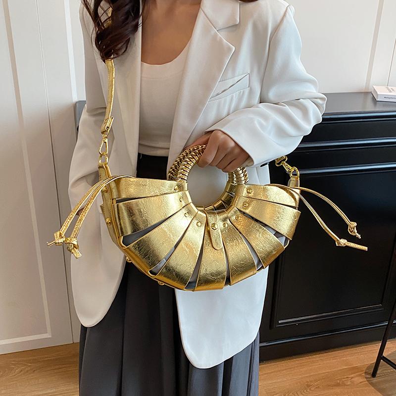 2026 New Brand Handbag Trendy Half Moon Bag Gold Silver Evening Clutch Bag Large Tote Bag Female Hollow Out Beach Shoulder Bag