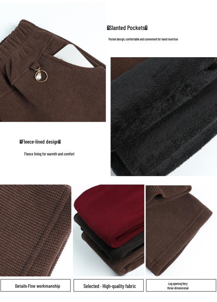 High-Waisted Corduroy Mom Pants with Velvet, Plus Size, for Middle-Aged & Elderly Women, Loose Straight-Leg Cropped Fit