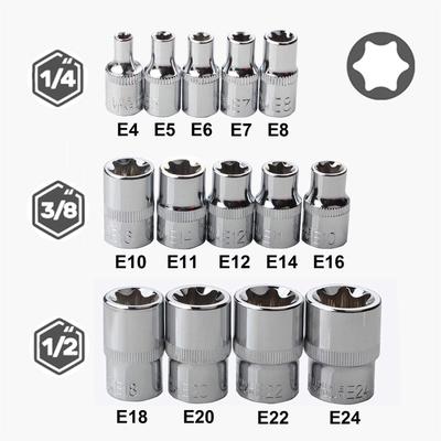 14 Parça E-TORX Lokma Seti 1/4" 3/8" 1/2'' Drive E-4 - E24 Dişi Harici Tork Yıldızı Lokma Seti Saklama Kutulu