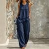 Women Sleeveless Front Pleated Crop Top Wide Leg Pants Set Solid Color Casual Outfit