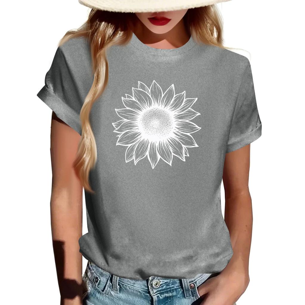 T-shirt à manches courtes pour femme, à col rond, tendance, décontracté, à imprimé rétro