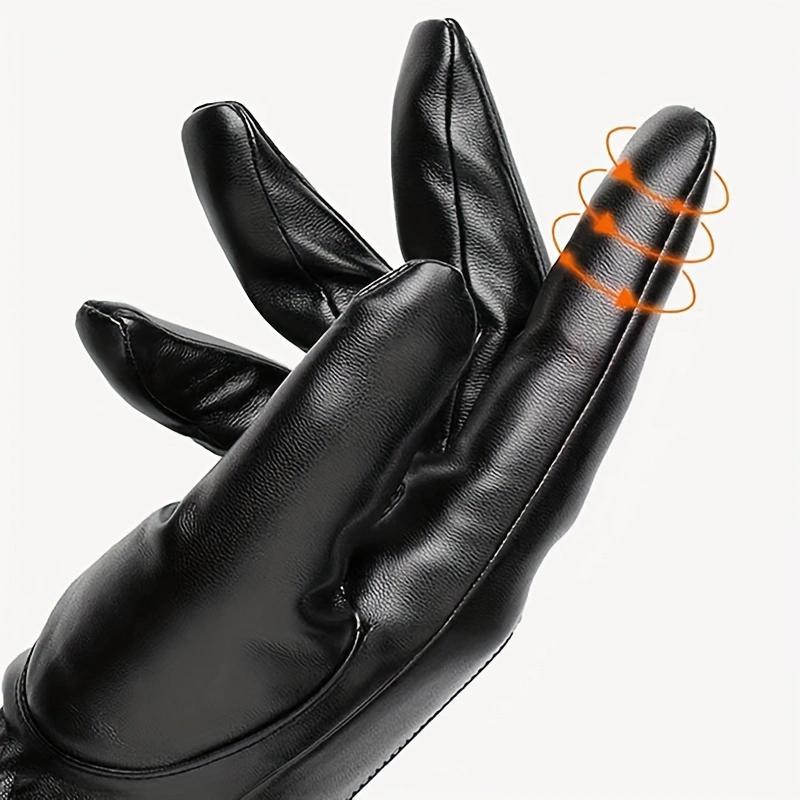 WTEMPO 1Pair Men's PU Cold-proof Windproof Full Finger Gloves Winter Outdoor Riding Cycling Fleece Thickened Black Touch Screen Gloves