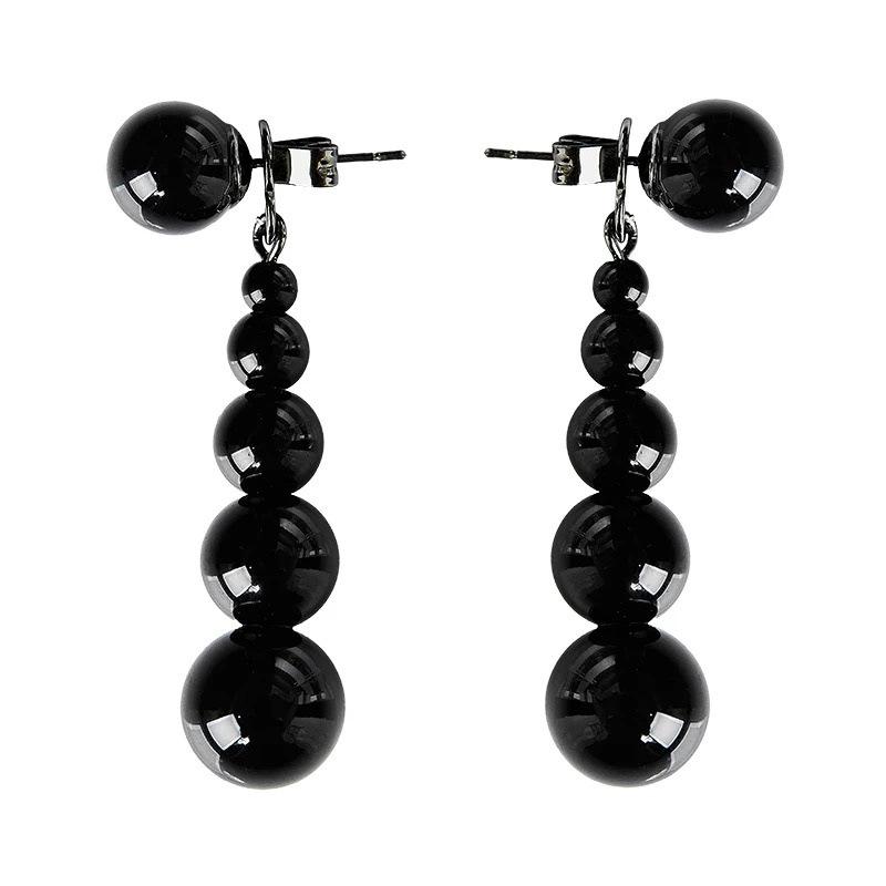 Elegant French Black Agate Gradient Beaded Stud Earrings - Autumn/Winter Cold Style