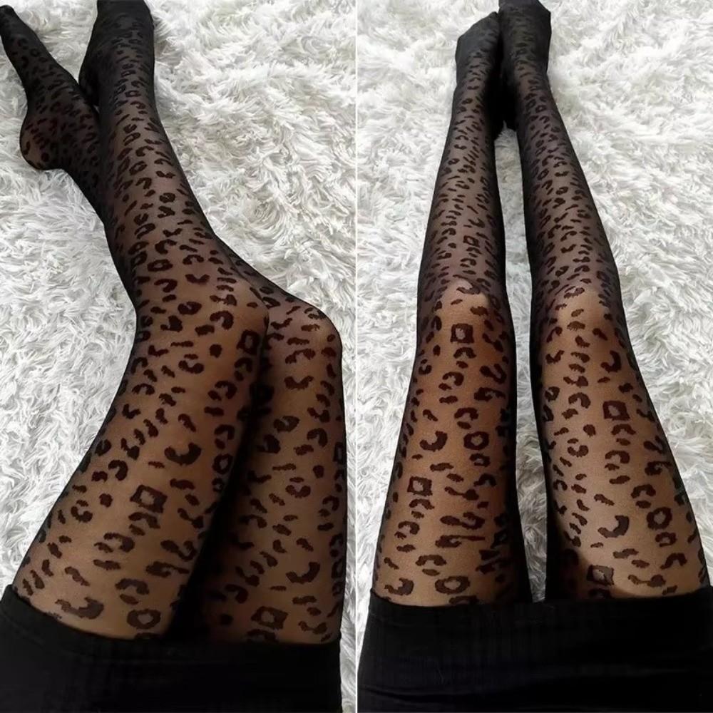 Black Sheer Tights Leopard Print Seamless Stockings Y2K Style Thin Pantyhose