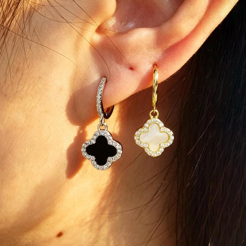 S925 Sterling Silver Four-Leaf Clover Earrings with Zircon, Black Agate, and White Mother-of-Pearl for a Luxurious High-End Look.