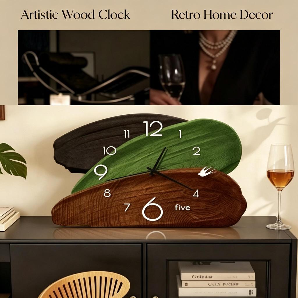 Vintage Wooden Table Clock, Antique Round Silent Desk & Wall Clock for Home Art Decor