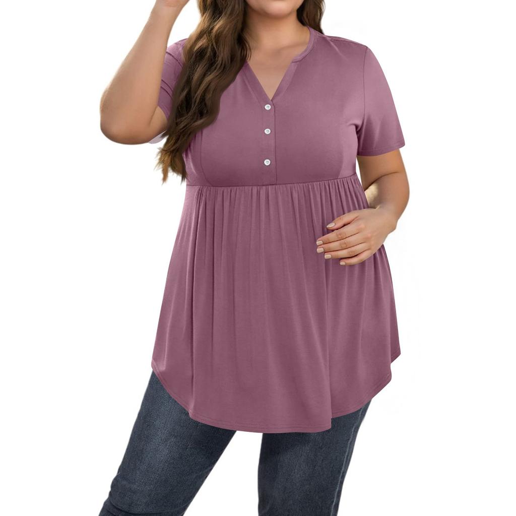 Women's Solid Color Large Size  V Neck Button-Up Top Casual Short Sleeve Flowy Top