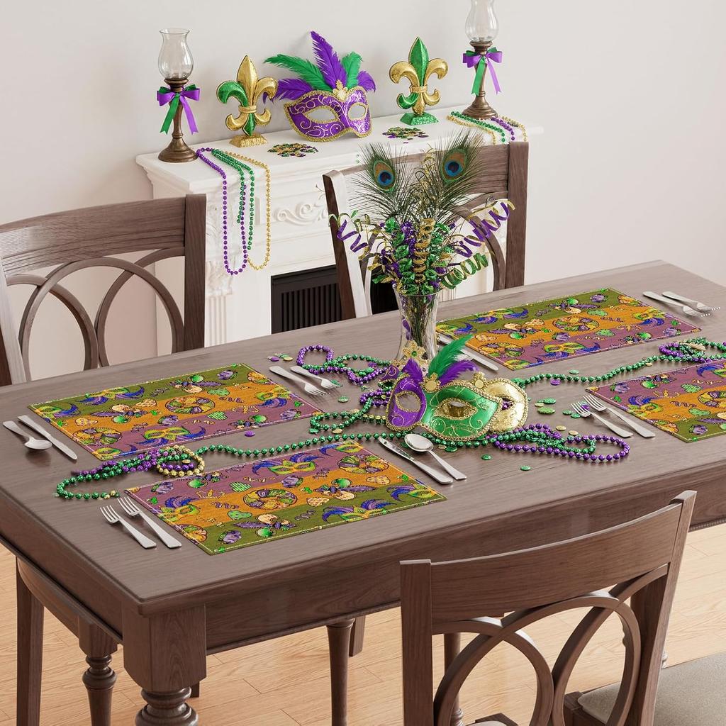 Colorful Masks Doughnuts Iris Fleur De Lis Mardi Gras Placemats Set of 4 Carnival Table Mats