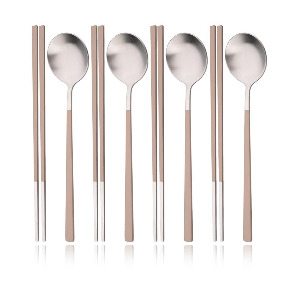 Stainless Steel Matte Cutlery Set Sushi Sticks Dinner Spoons Set 8Pcs Dinnerware Korean Chopsticks Dessert Spoon Flatware Set
