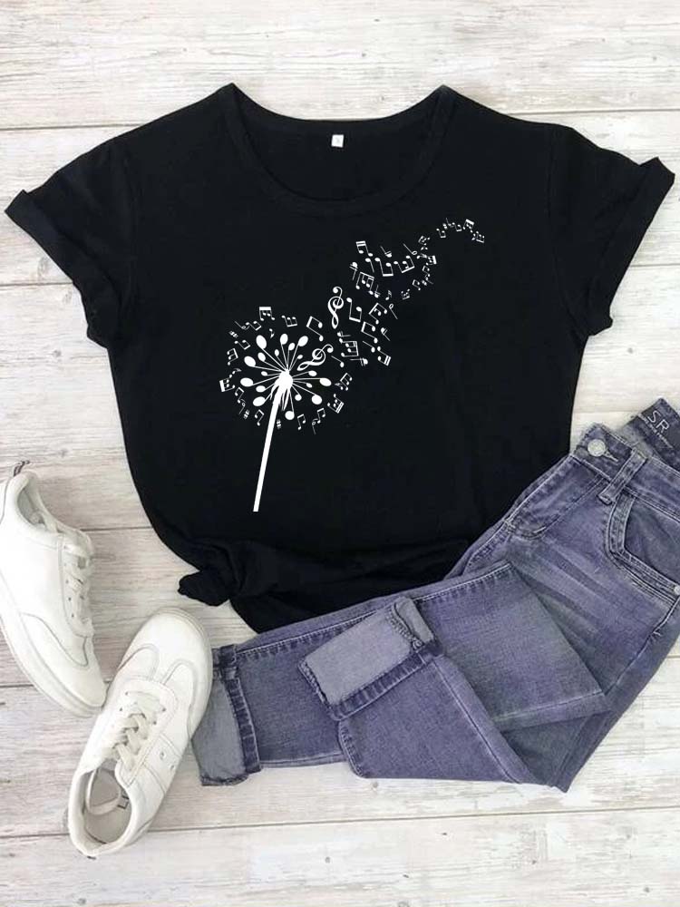 Fashion Women T Shirt Musical Note Printed T Shirt Casual Black Tops 90s Ladies Girls Tee Shirt Female Harajuku Graphic T-shirt