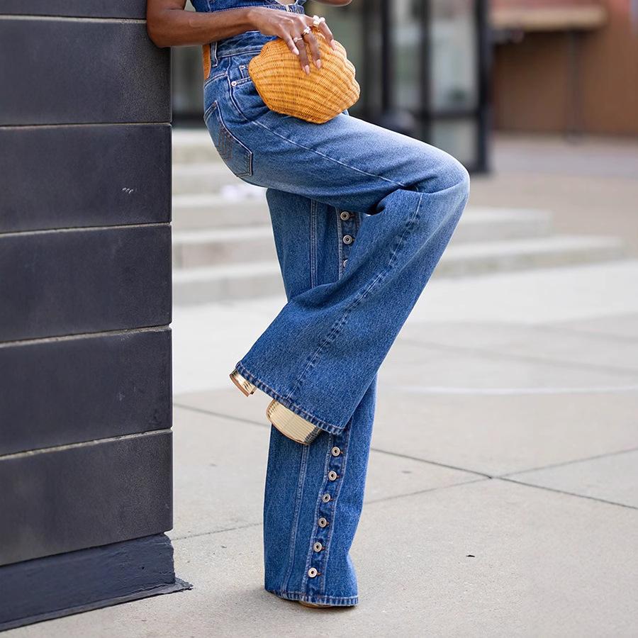 

Jeans Women Wide Leg Pants Vintage Trousers High Waist Multiple Buttons Distressed Washed Female Streetwear Denims Floor Length S синий